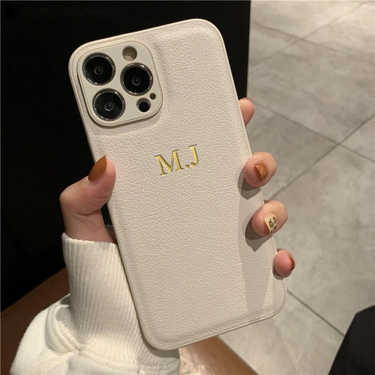 Luxury Leather Name Case, Custom Initials iPhone 13s 14s